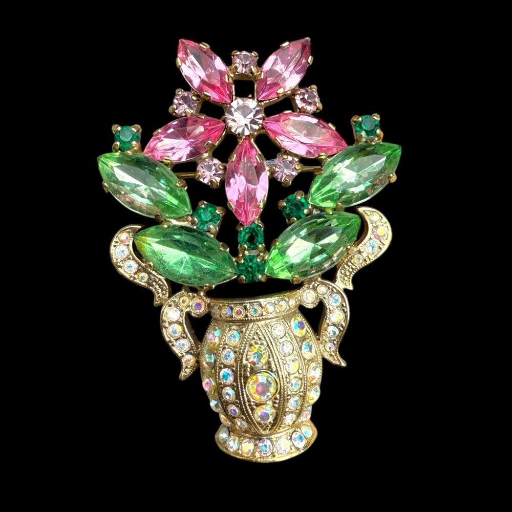 BOOK PIECE Vintage Suzanne Bjontegard England Flower In Vase Rhinestone Brooch